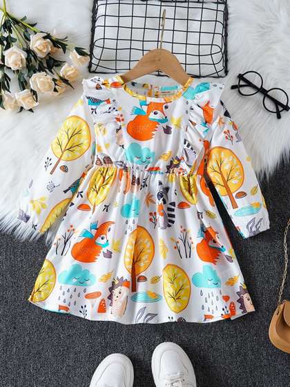 INCLUD Girls Printed
                    Ruffles Fit & Flare Dress