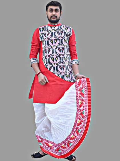 Jamdani Border Ready
                        To wear White Solid Mour Puccho Dhoti For Men