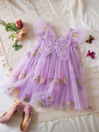 INCLUD Girls Embellished
                    Embroidered Appliqued Butterfly Tulle Overlay A-line
                    Dress