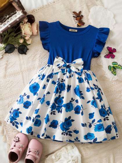 INCLUD Girls Floral
                    Printed Flutter Sleeves Bow Fit & Flare Dress