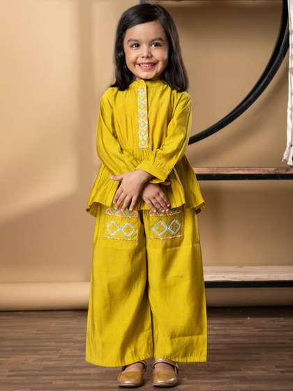 Readiprint Girls Ethnic
                    Motifs Embroidered Pleated Thread Work Pure Silk
                    Kurti & Palazzos