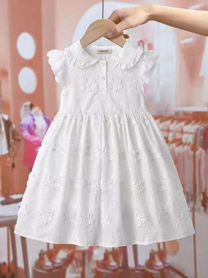 INCLUD Girls Embroidered
                    Peter Pan Collar Flutter Sleeve Fit & Flare
                    Dress