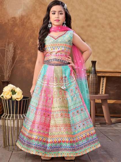 NKV Girls Printed
                        Mirror Work Tie and Dye Ready to Wear Lehenga
                        & Blouse With Dupatta