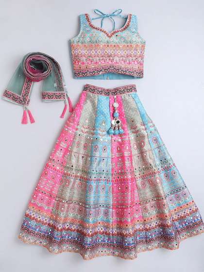 JAY NAGNATH FAB
                        Girls Woven Design Embellished Mirror Work
                        Lehenga & Blouse With Dupatta