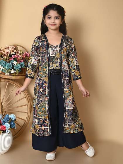 SPAMitude Girls
                        Printed Shoulder Straps Top With Palazzos &
                        Jacket