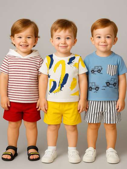 BAESD Kids Pack Of 3
                    Printed Short Sleeves Pure Cotton T-shirt With
                    Shorts