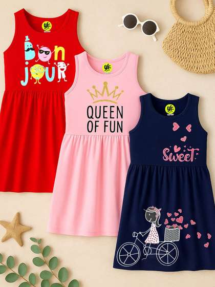 YK Girls Pack Of 3
                      Typography Printed Round Neck A-Line Dress