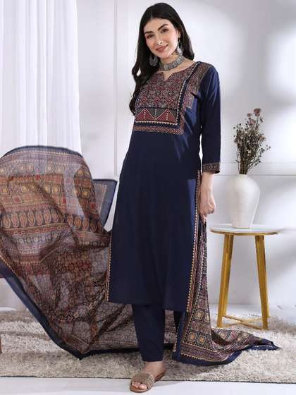 Vbuyz Floral Printed
                        Notch Neck Mirror Work Cotton Straight Kurta
                        With Palazzos & Dupatta