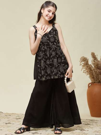 CurlyTales Girls Silk
                    Embroidered Kurta and Sharara Set