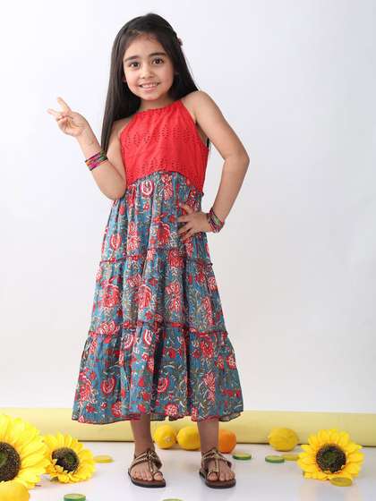 Sangria Girls Floral
                    Printed Cotton Katha Fit and Flare Midi Dress With
                    Hakoba Patch