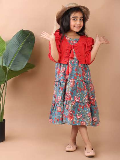 Sangria Girls Ethnic
                    Motifs Printed Cotton Fit and Flare Midi Dress With
                    Jacket