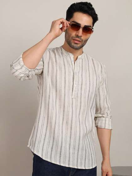 HERE&NOW Striped
                        Mandarin Collar Pure Cotton Straight Kurta