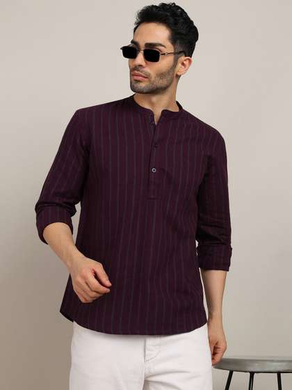 HERE&NOW Striped
                        Mandarin Collar Pure Cotton Straight Kurta