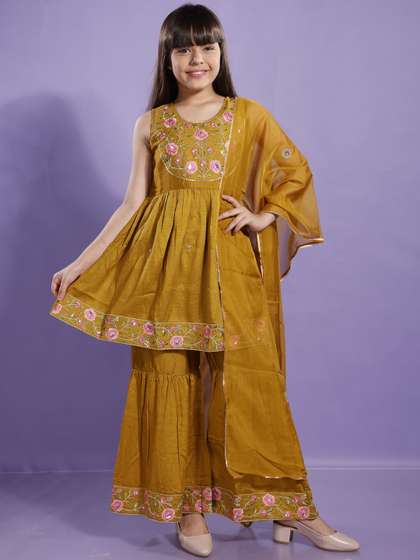 CurlyTales Girls Silk
                    Embroidered Kurta and Sharara Set with Dupatta