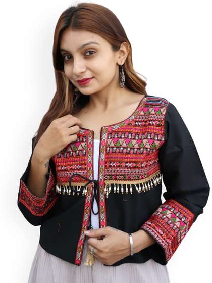 Prijam Women
                        Collarless Self Design Ethnic Denim Jacket