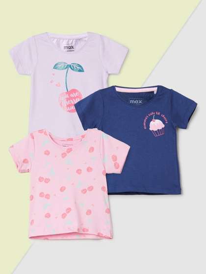 max Girls Pack of 3
                    Floral Printed Round Neck Pure Cotton T-shirts