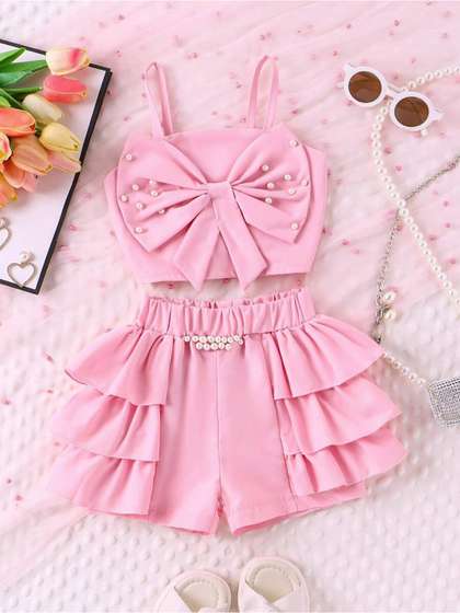 NABBU Girls Self Design
                    Shoulder Straps Top With Shorts