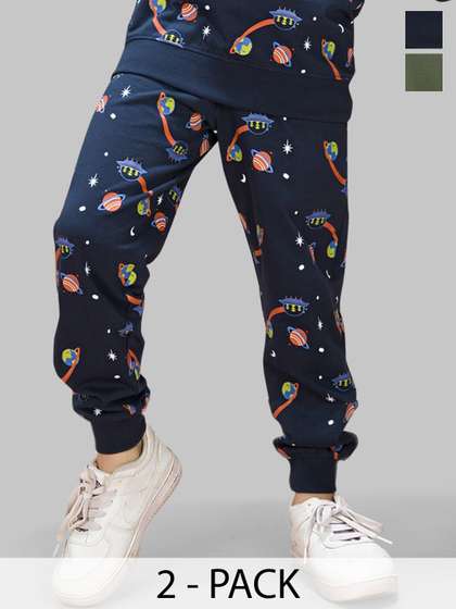 TRESNOVA Pack Of 2 Boys
                    Printed Relexed Fit Pure Cotton Mid-Rise Jogger