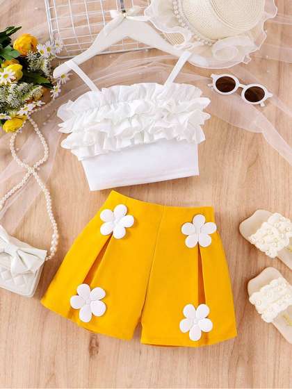 NABBU Girls Self Design
                    Shoulder Straps Top With Shorts