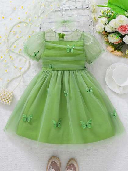 INCLUD Girls Puff Sleeve
                    Applique Detail Fit & Flare Dress