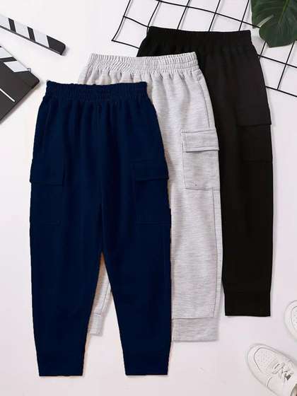 Knit Vey Boys Pack Of 3
                    Pure Cotton Mid-Rise Joggers