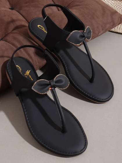 CHINRAAG Women
                        Embellished Bow Detailed T-Strap Flats