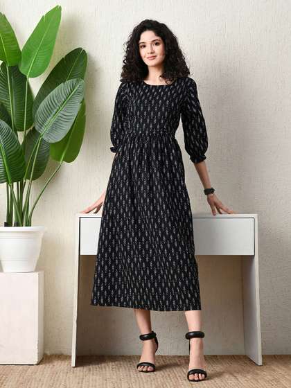 Ichaa Women Ethnic
                        Motifs Printed Gathered or Pleated Maternity Fit
                        & Flare Dress