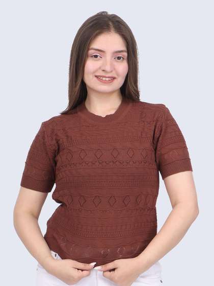 FEVERFEW Geometric
                        self Design Round Neck Short Sleeves Cotton Top