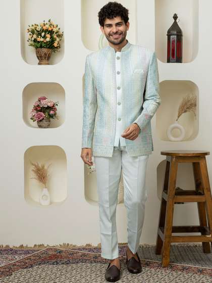 Dulha Ghar Men
                        Embroidered Mandarin Collar Bandhgala Two-Piece
                        Suit