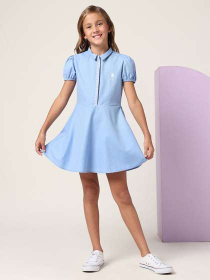 U.S. Polo Assn. Girls
                    Puff Sleeves Embroidered Details Shirt Collar Fit
                    & Flare Mini Dress
