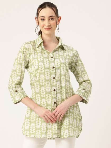 FERANOID Women
                        Floral Printed Shirt Collar Pure Cotton Kurti