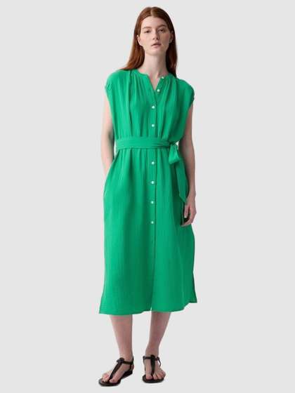 GAP Women Solid
                        Gauze Waist Tie-Up Button-Down Midi Shirt Dress