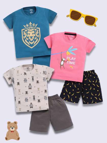 Toonyport Boys Pack Of 3
                    Printed Pure Cotton T-Shirts With Shorts