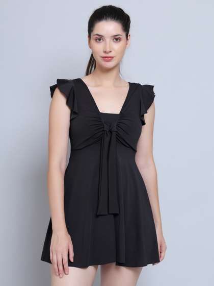 MEGASKA Front Tie
                        Knot Ruched Frock Style Padded One Piece
                        Swimming Dress With Shorts