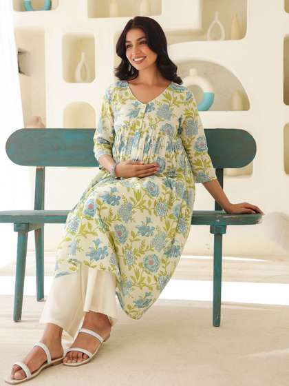 Janasya Women's
                          Off White Pure Cotton Floral Printed A-line
                          Maternity Kurta