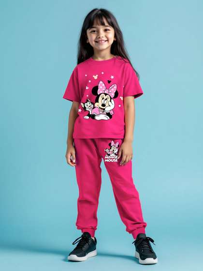 YK Disney Girls Minnie
                    Mouse Printed Round Neck T-shirt With Joggers