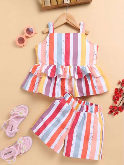 Toonyport Girls Striped
                    Square Neck Pure Cotton Top With Shorts