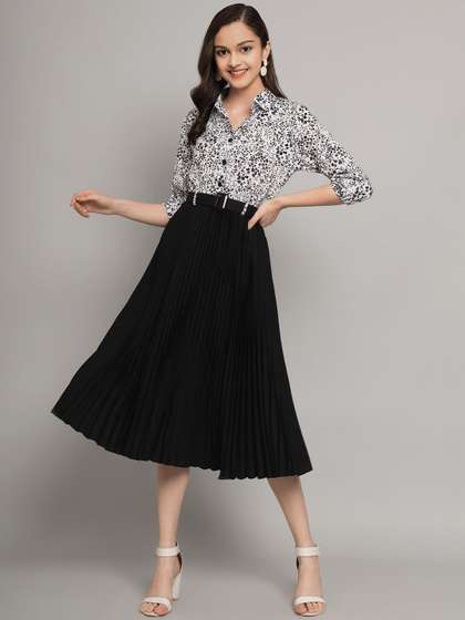 OTABU Women Shirt Collar
                    Pleated A-Line Midi Dress
