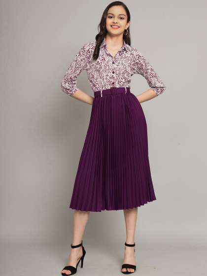 OTABU Girls Printed
                    Shirt Collar A-Line Midi Dress Comes with a belt