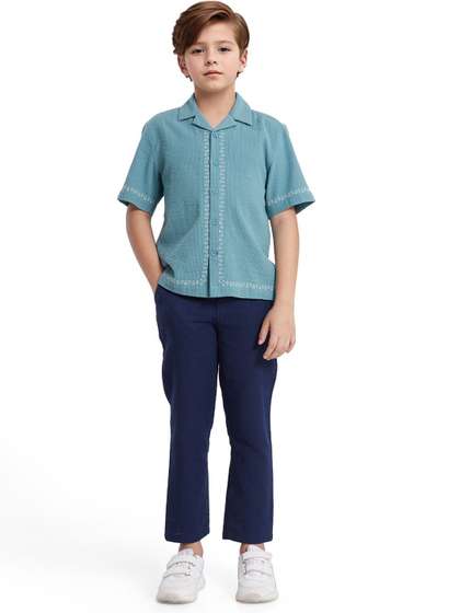 RARE ONES Boys Relaxed
                    Fit Cuban Collar Textured Cotton Casual Shirt