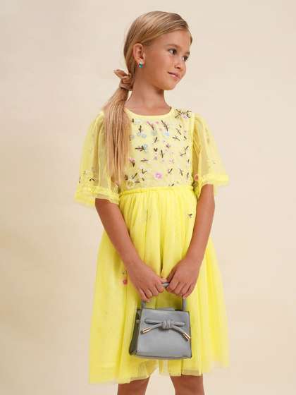 Vero Moda Girls Floral
                    Embroidered Flared Sleeve Fit and Flare Dress
