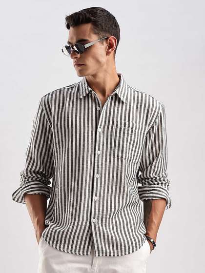 HERE&NOW
                          Relaxed Fit Striped Button-Down Collar Linen
                          Blend Casual Shirt