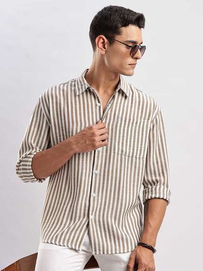 HERE&NOW Relaxed
                        Fit Opaque Striped Button-Down Collar Linen
                        Blend Casual Shirt