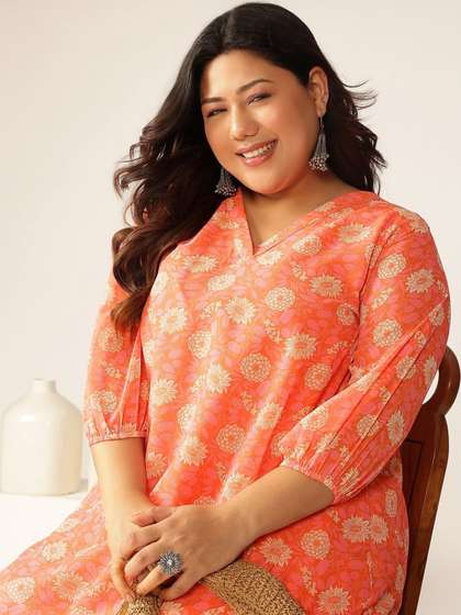 Janasya Women's Plus
                        Size Peach Georgette Floral Printed A-line
                        Tunic