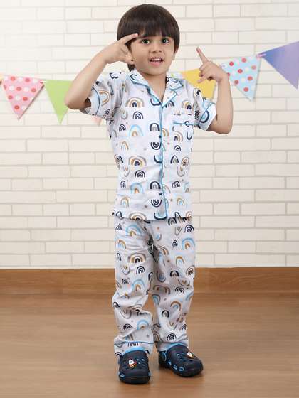 Polka Tots Boys Printed
                    Lapel Collar Shirt & Pyjamas Night suit