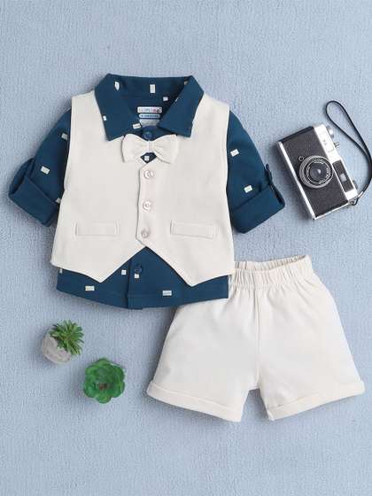 BUMZEE Boys Printed
                      Long Sleeves Pure Cotton Shirt With Shorts &
                      Waistcoat