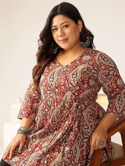 Janasya Women Plus
                        Size Maroon Pure Cotton Paisley Printed Peplum
                        Tunic