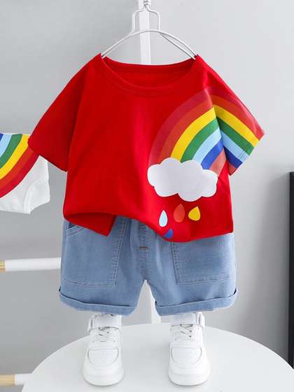 Googo Gaaga Boys Rainbow
                    Printed Round Neck Pure Cotton T-Shirt With Joggers