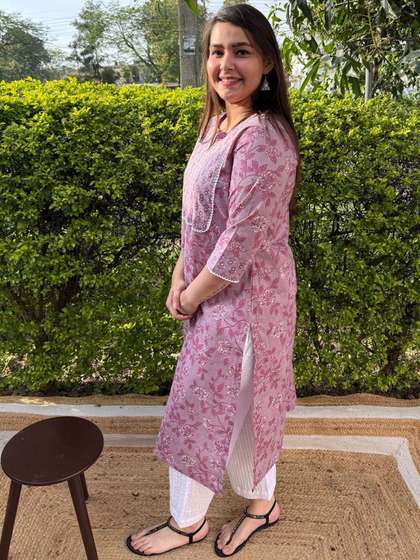 Sanskritam Ethnic
                          Motifs Printed Notch Neck Cotton Straight
                          Kurta