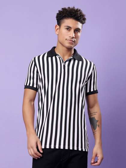 TQH Men Striped Dri-FIT Polo Collar Pockets T-shirt